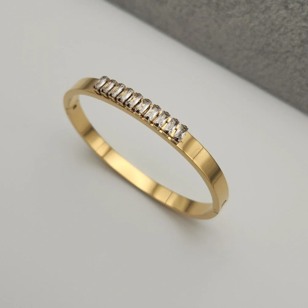 18K Gold Plated Geometric Rectangle Zircon Stone Bangle Bracelet